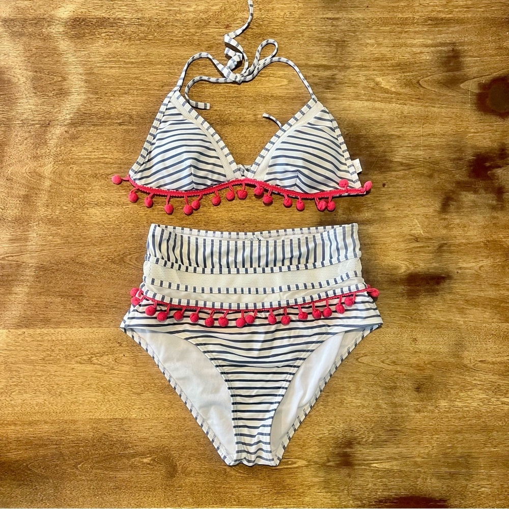 COCOSHIP Blue & White Striped High Waisted Bikini Bathing Suit Size 8